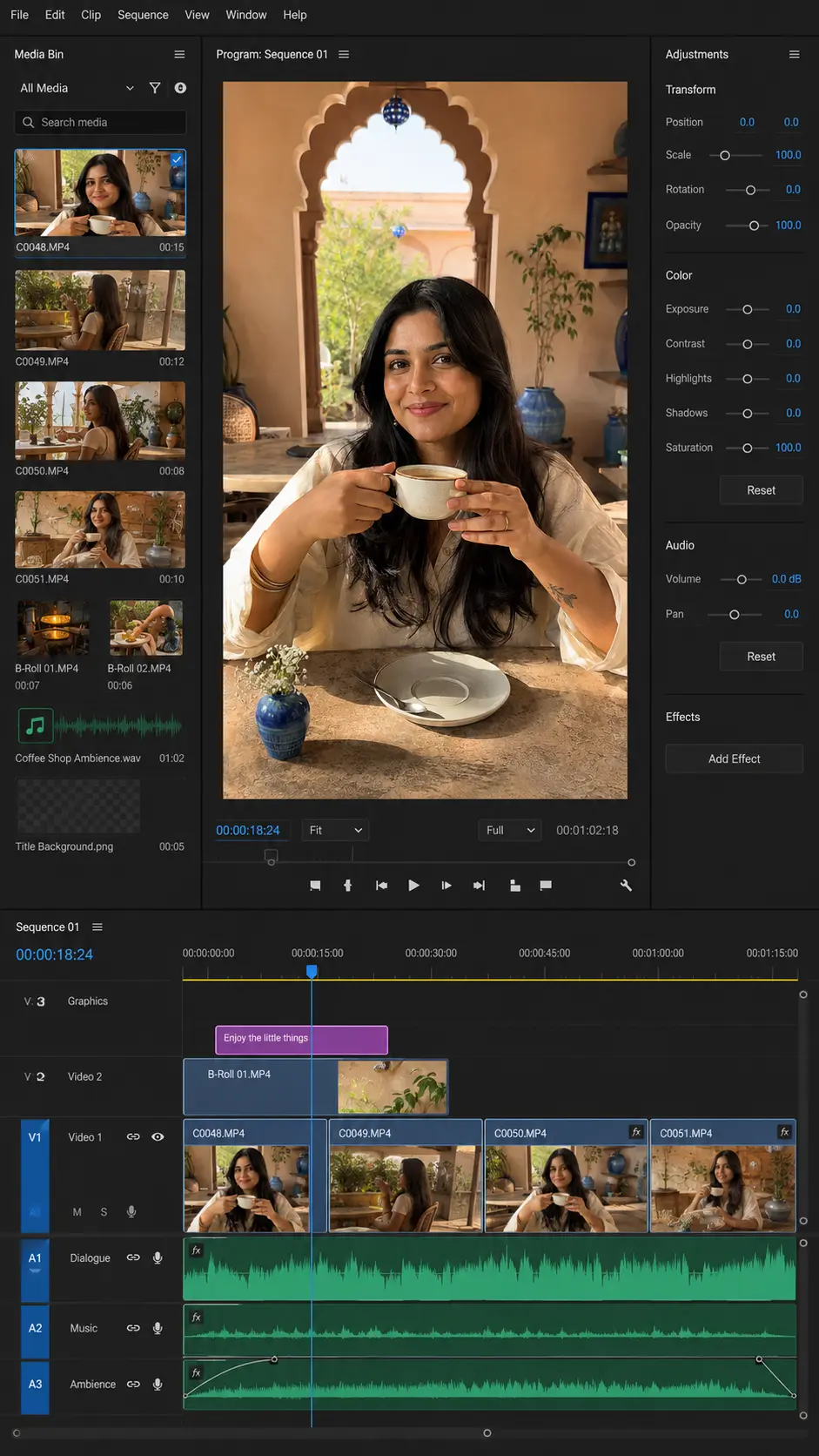 Video editing timeline showing captions, audio and scene adjustments